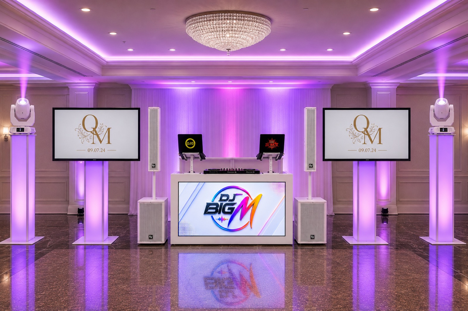 Professional DJ setup with screens, speakers, and coordinated event lighting