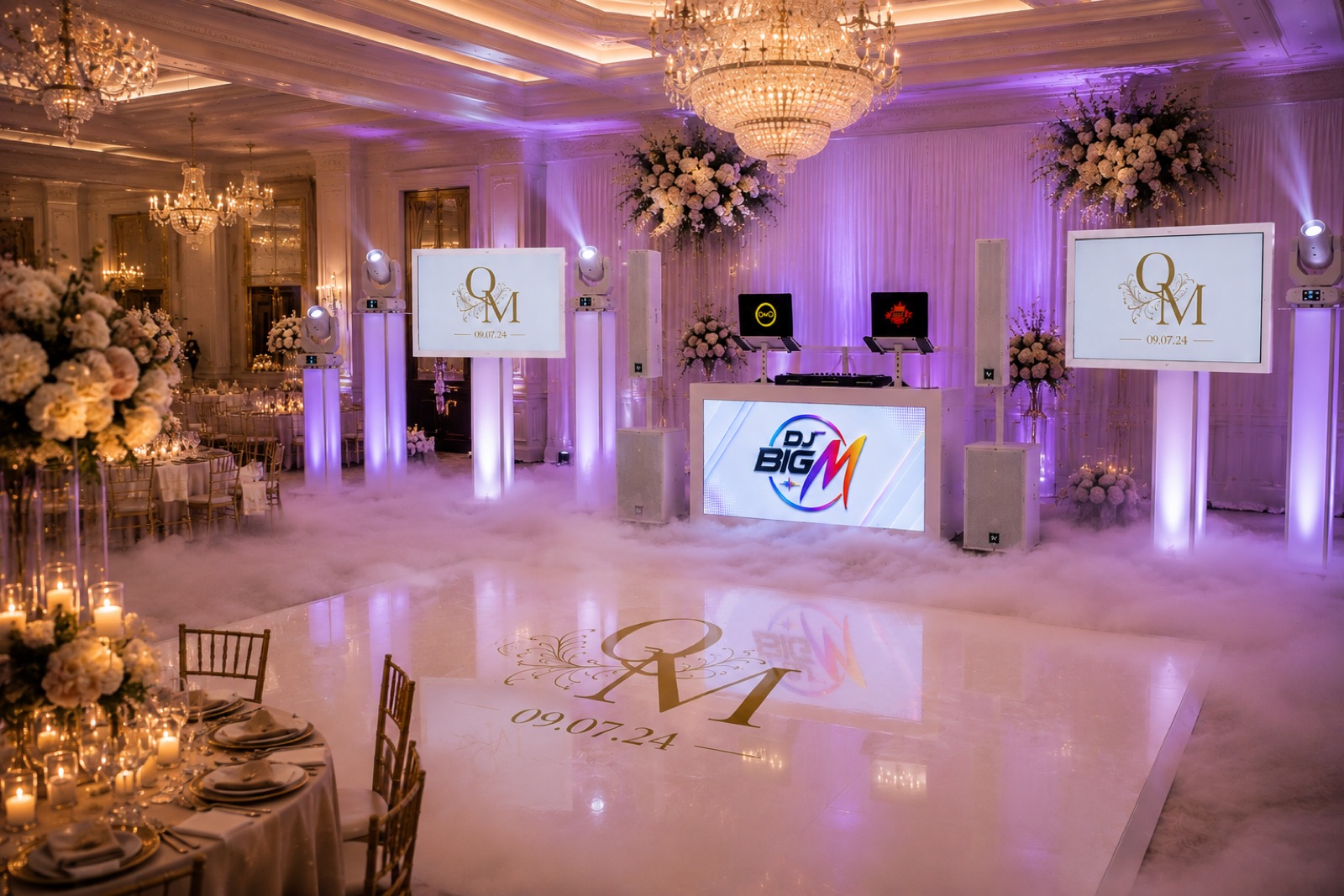 Elegant Connecticut reception room with coordinated purple uplighting