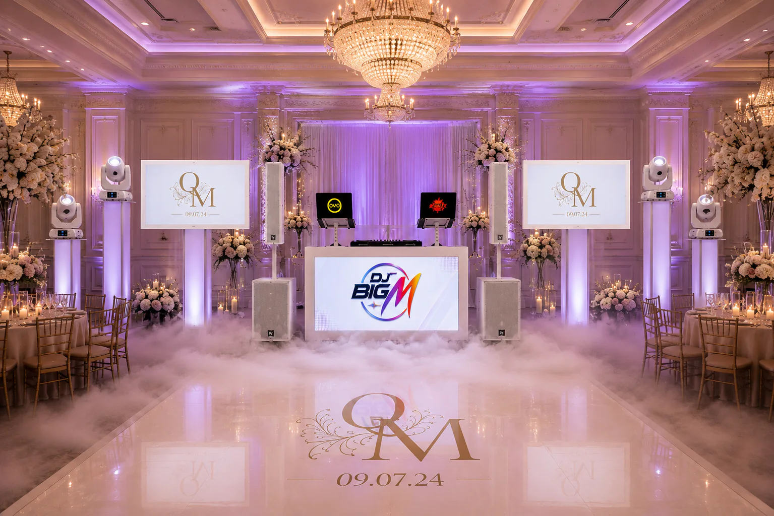 Luxury Connecticut wedding DJ setup with professional sound, monogram screens, uplighting, and dance-floor lighting