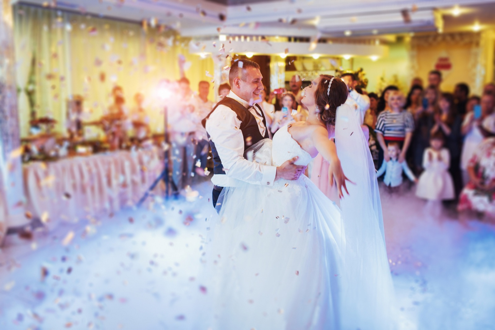 Newlyweds celebrating together during an energetic Connecticut wedding reception
